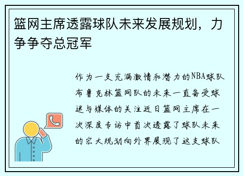 篮网主席透露球队未来发展规划，力争争夺总冠军